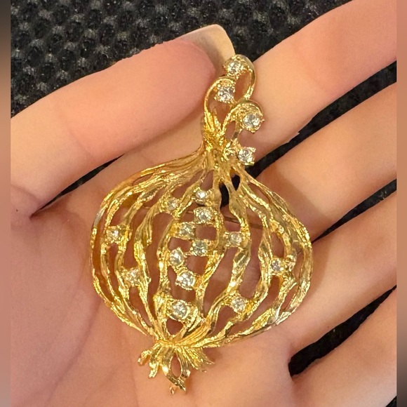 VINTAGE Statement Gold Open-Work Pomegranate/Onion Or Pumpkin Rhinestone Brooch - Picture 5 of 8